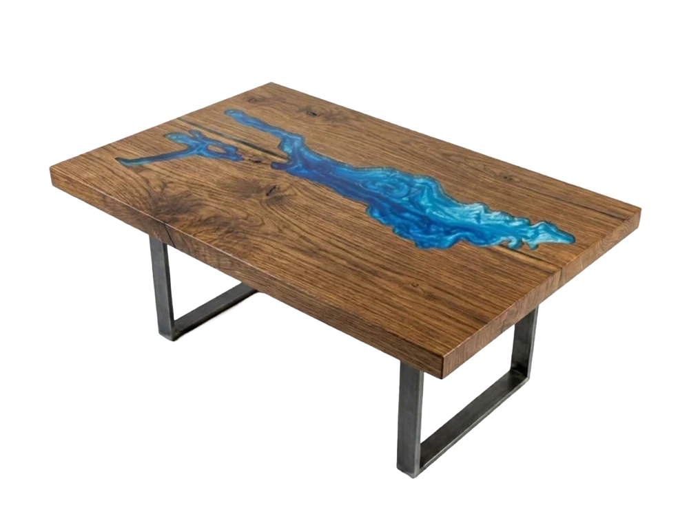 Preview render of a Lake Constance serving board on steel legs: antique chestnut with the shape of Lake Constance filled with blue resin.