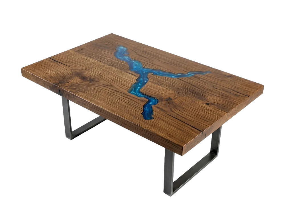 Render of a lake serving board on steel legs: antique chestnut with the shape of a lake filled with blue resin.