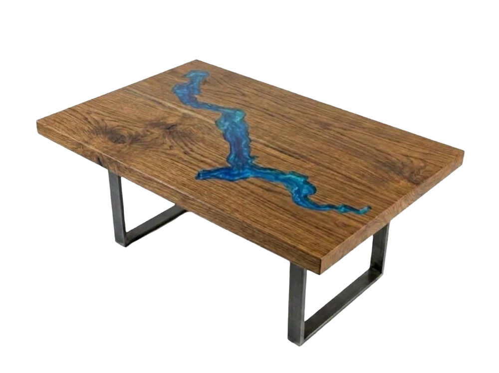Preview render of a Lake Maggiore serving board on steel legs: antique chestnut with the shape of Lake Maggiore filled with blue resin.